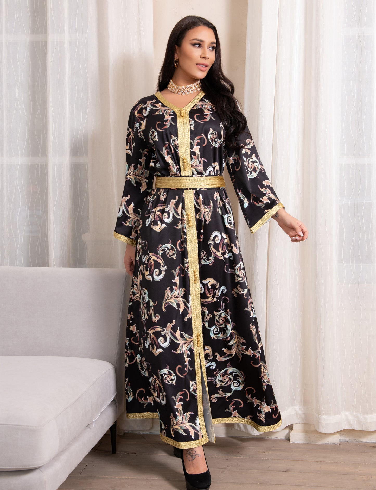 TB Mix Gedruckt Lange Gürtel Kleid Ramadan Neue Dubai Muslimischen