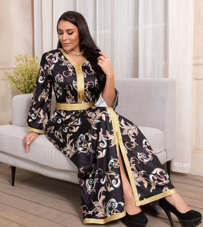 TB Mix Gedruckt Lange Gürtel Kleid Ramadan Neue Dubai Muslimischen