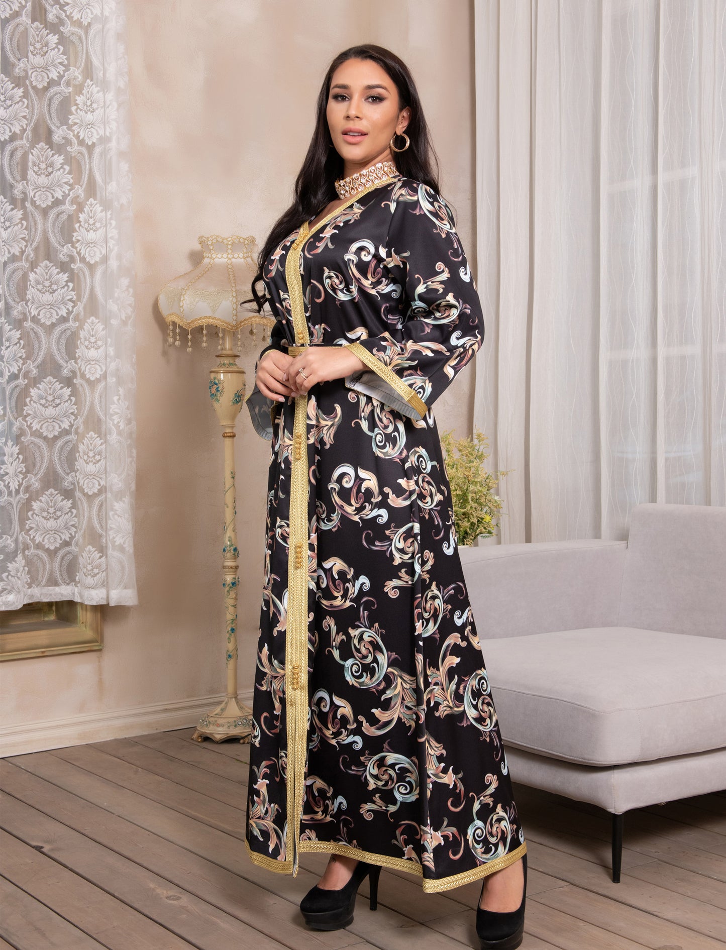 TB Mix Gedruckt Lange Gürtel Kleid Ramadan Neue Dubai Muslimischen