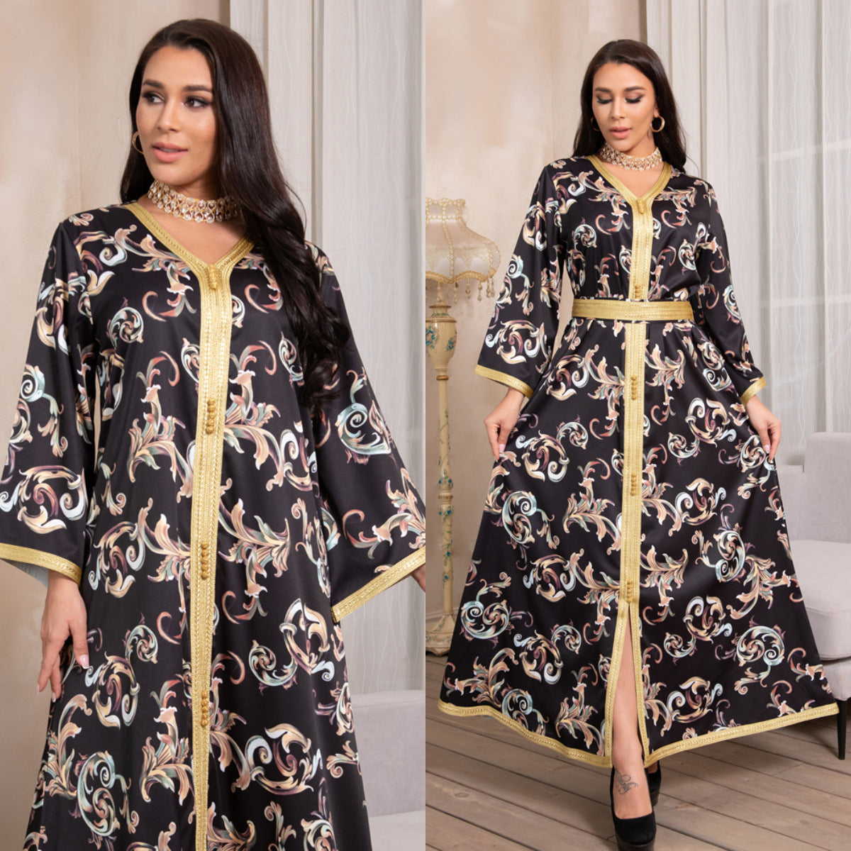 TB Mix Gedruckt Lange Gürtel Kleid Ramadan Neue Dubai Muslimischen