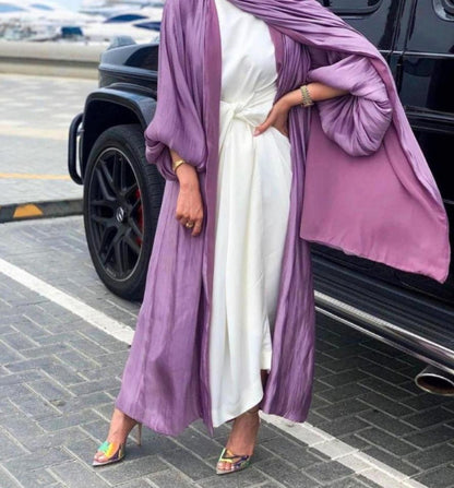 TB Mix Eid Muslim Abaya Dress Kimono For Women Fashion Shining Silklike Summer Abayas Cardigan Puff Sleeve Dubai Turkey Clothes