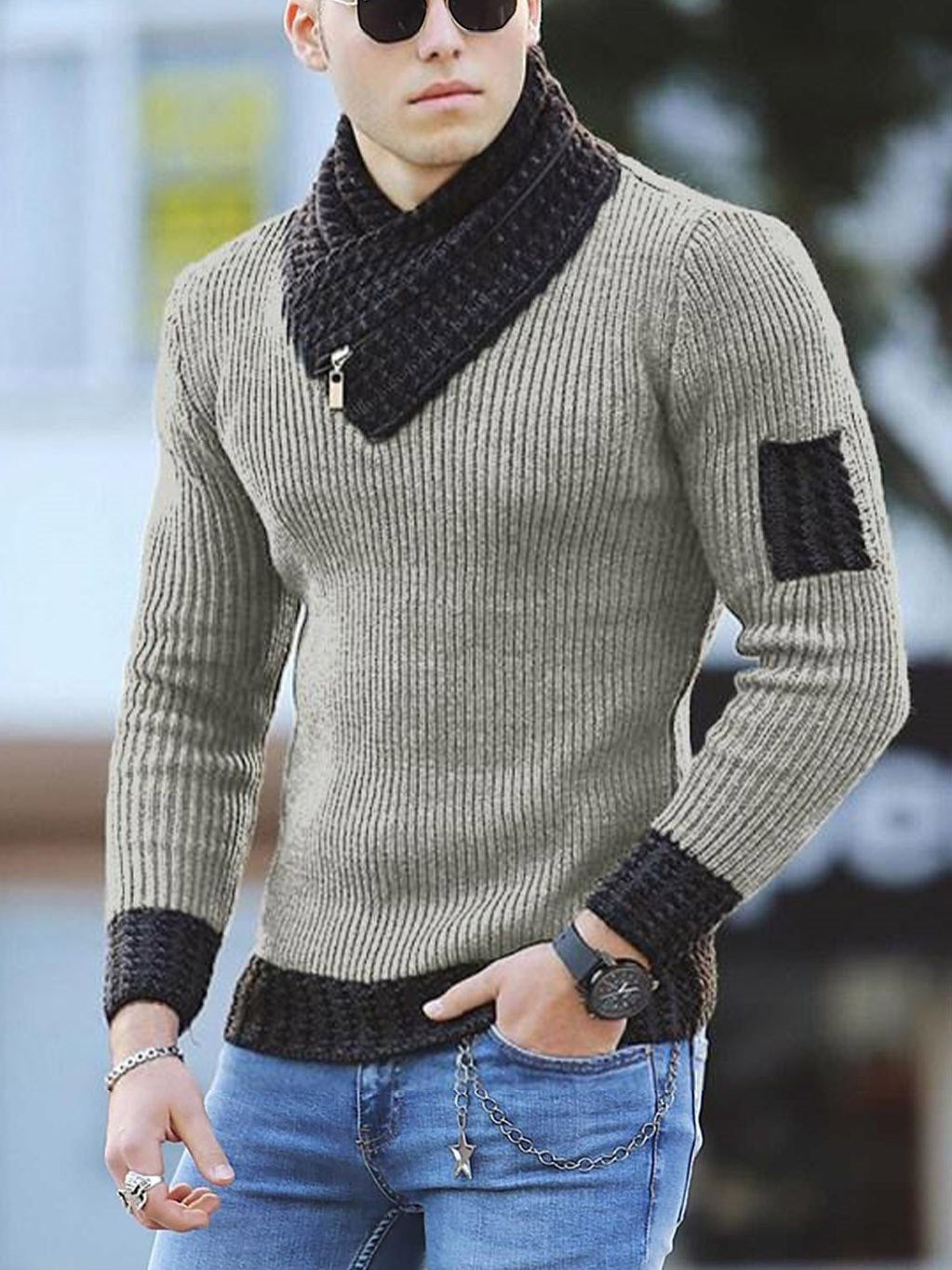 TB Mix Independent Station Lässiger Slim Strickpullover Langarm-Strickpullover mit Schalkragen für Herren