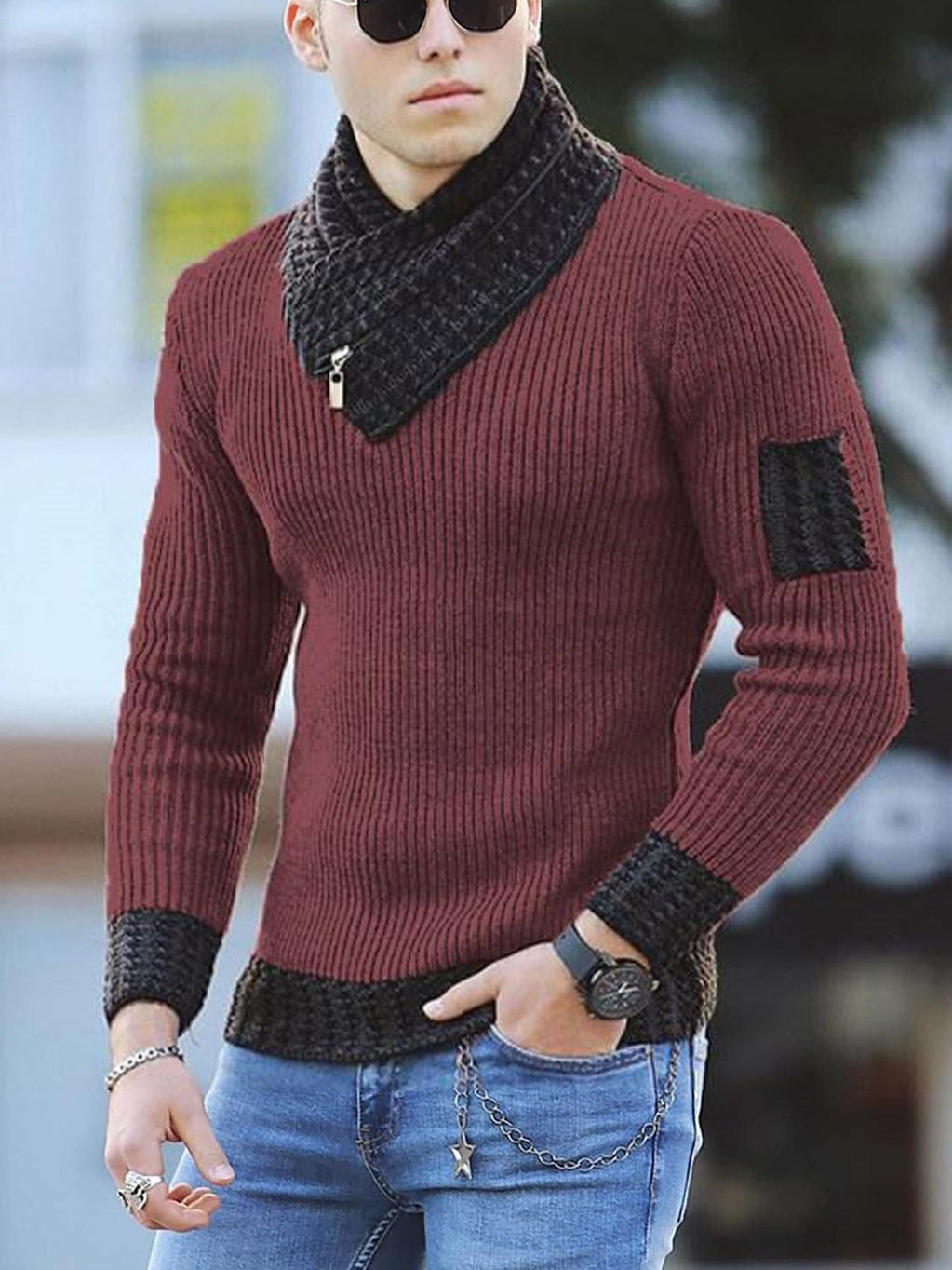 TB Mix Independent Station Lässiger Slim Strickpullover Langarm-Strickpullover mit Schalkragen für Herren