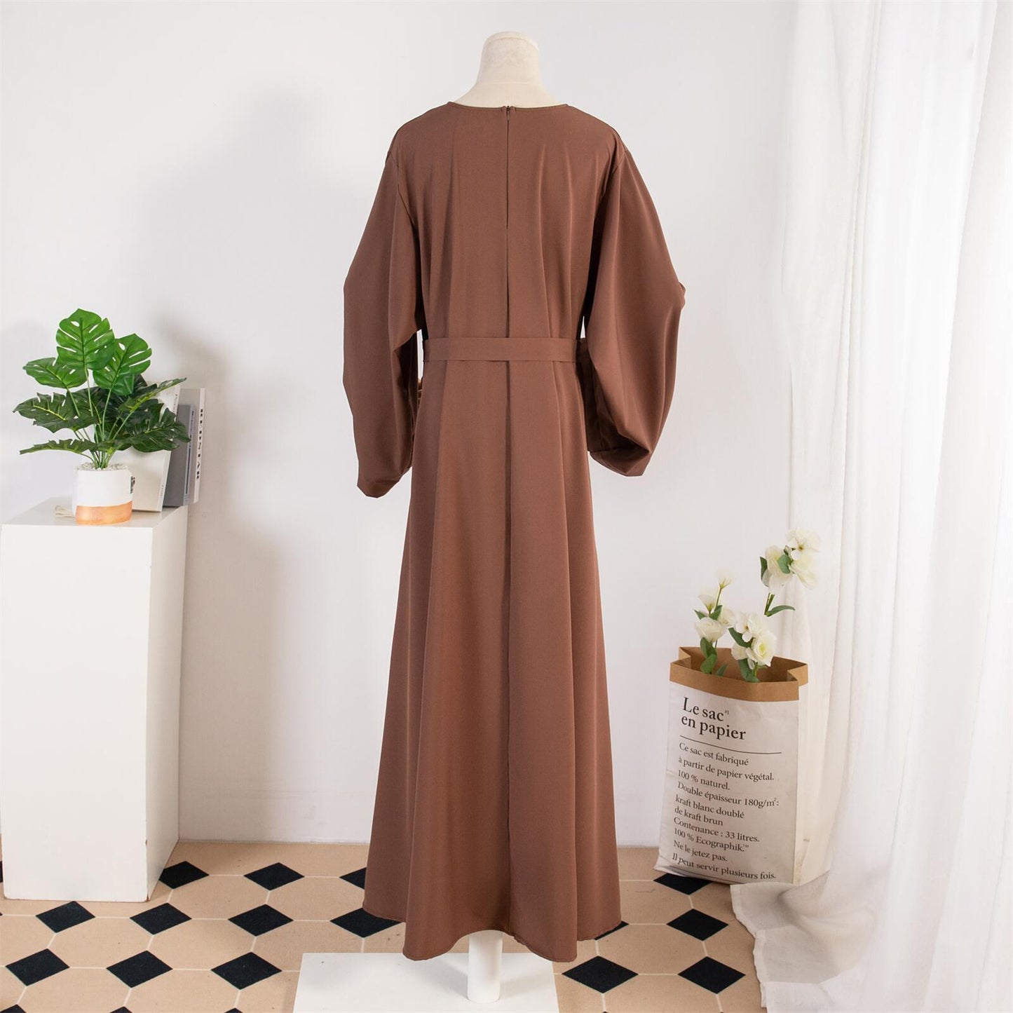 TB Mix Kleid Damen Gerade Ärmel Einfarbig Islamische Kleidung Casual Robe