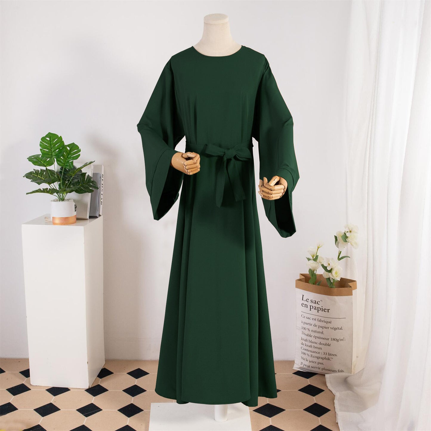 TB Mix Kleid Damen Gerade Ärmel Einfarbig Islamische Kleidung Casual Robe