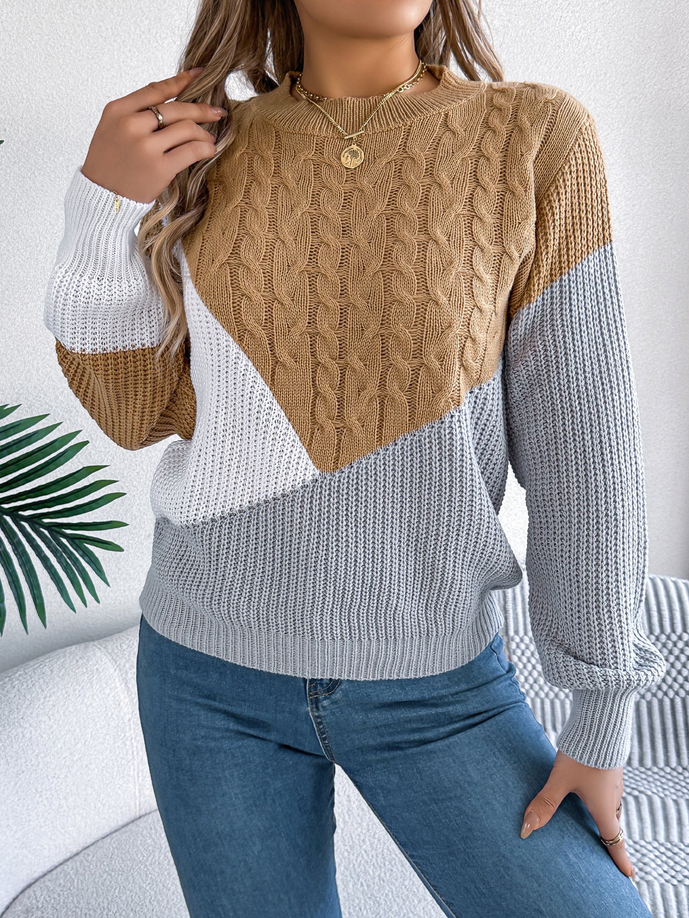 TB Mix Kontrastfarbe Twist Langarm Pullover Pullover Damenbekleidung