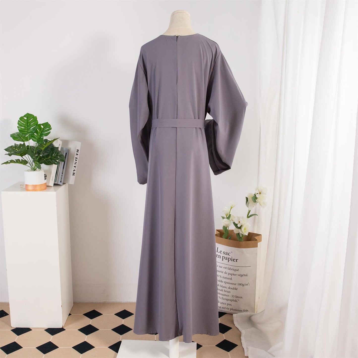 TB Mix Kleid Damen Gerade Ärmel Einfarbig Islamische Kleidung Casual Robe