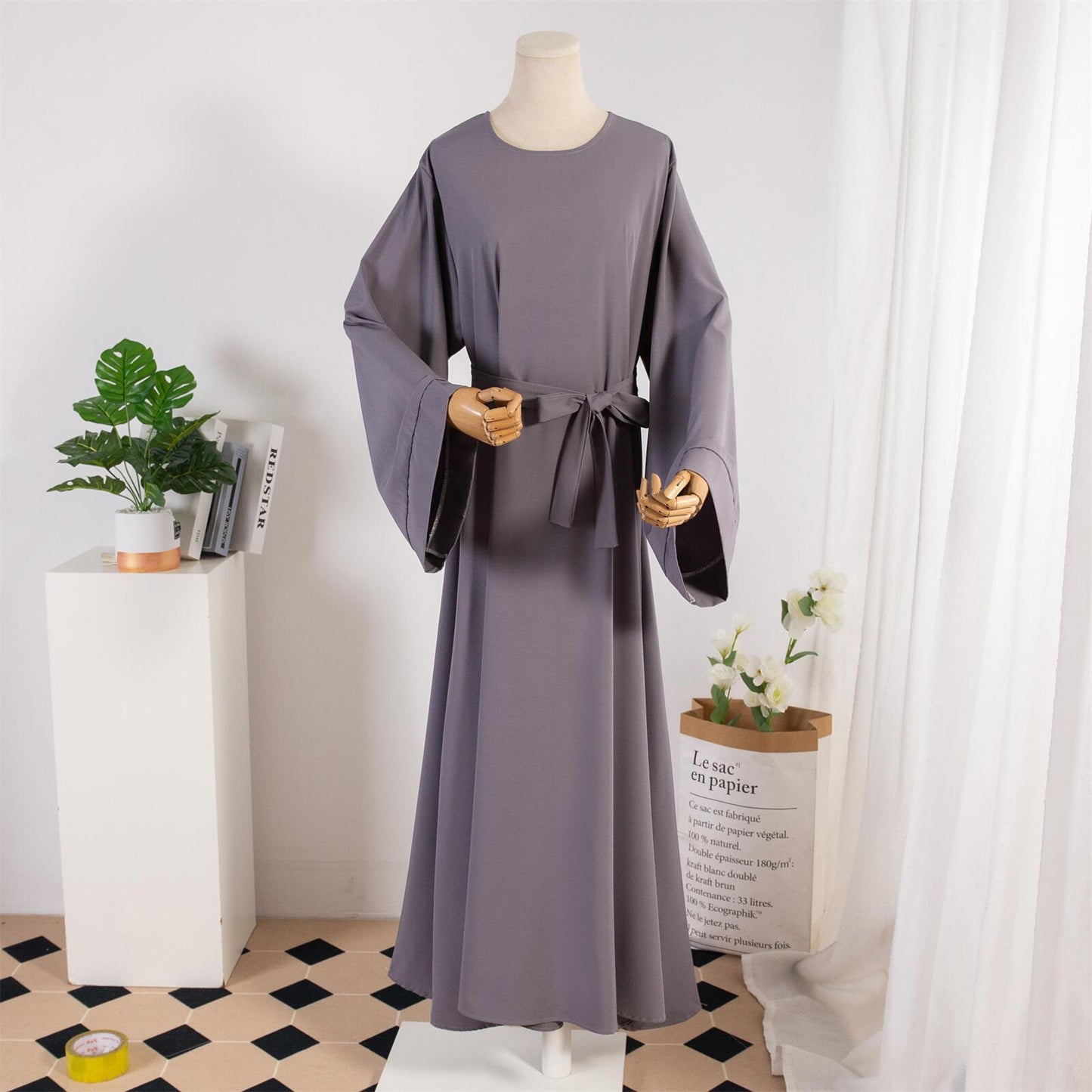 TB Mix Kleid Damen Gerade Ärmel Einfarbig Islamische Kleidung Casual Robe