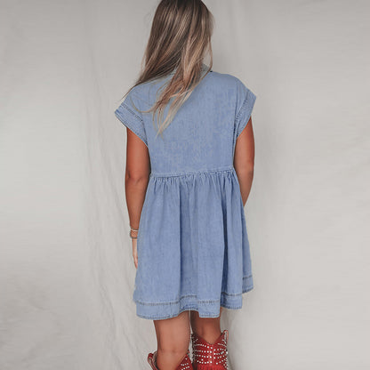 TB Mix Sommer Neue Gewaschen Kurzarm Denim Kleid Frauen