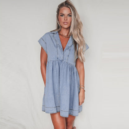 TB Mix Sommer Neue Gewaschen Kurzarm Denim Kleid Frauen