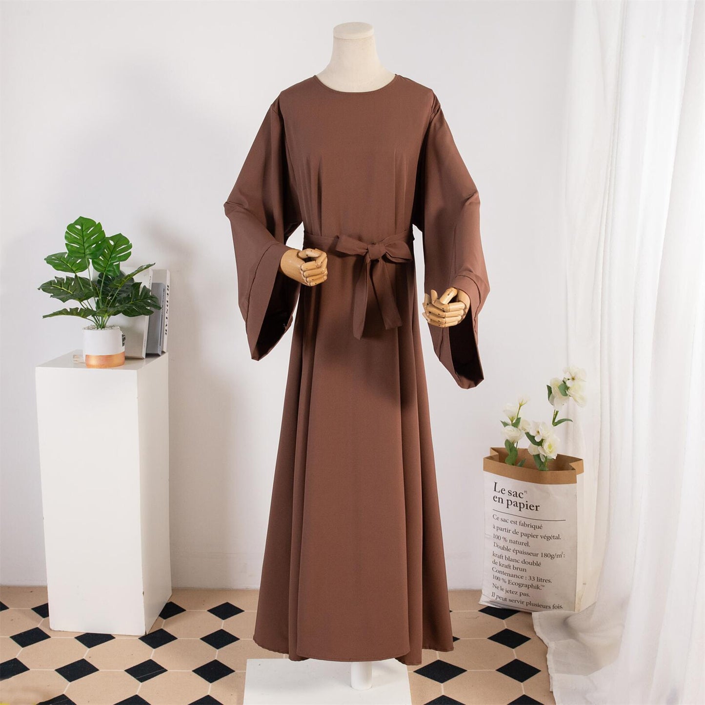 TB Mix Kleid Damen Gerade Ärmel Einfarbig Islamische Kleidung Casual Robe