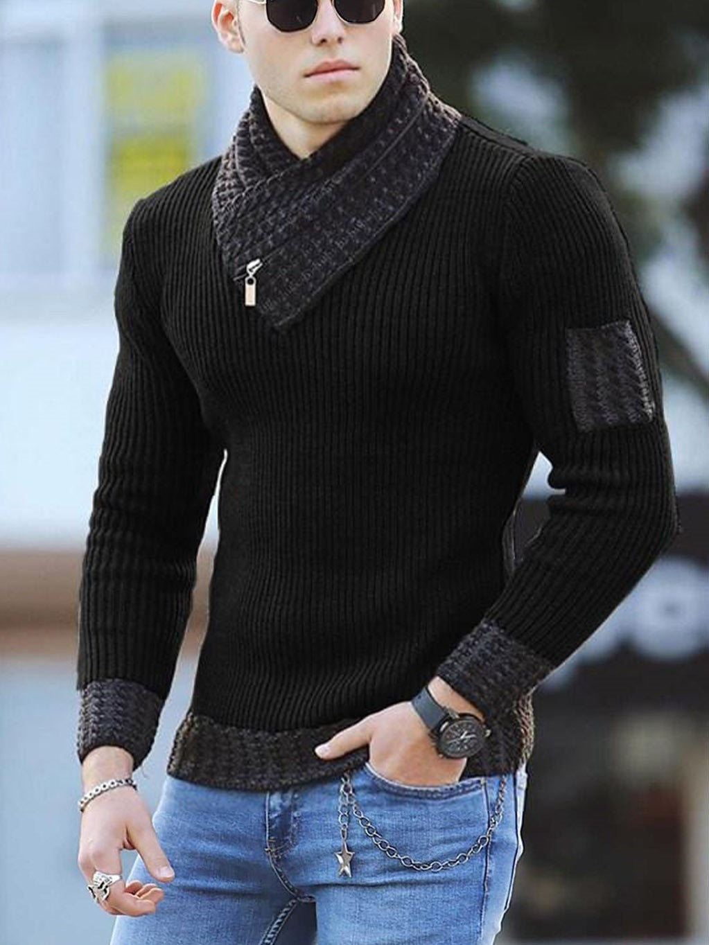 TB Mix Independent Station Lässiger Slim Strickpullover Langarm-Strickpullover mit Schalkragen für Herren