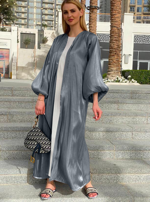 TB Mix Eid Muslim Abaya Dress Kimono For Women Fashion Shining Silklike Summer Abayas Cardigan Puff Sleeve Dubai Turkey Clothes