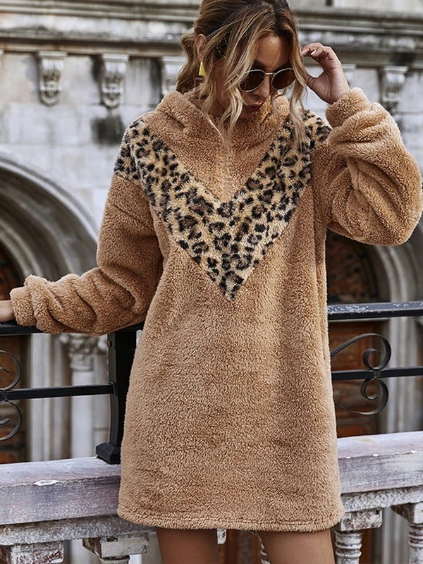 TB Mix Neuer Kapuzenpullover mit Leopardenmuster und Nähten für Damen, mittellange, langärmelige Plüschjacke