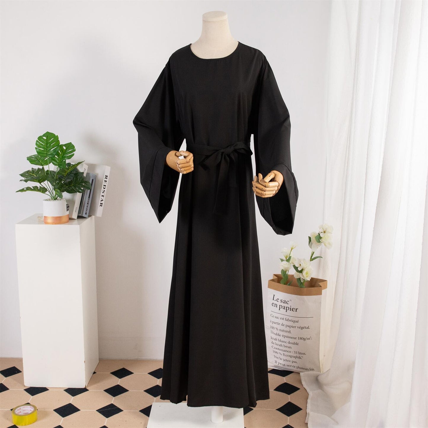 TB Mix Kleid Damen Gerade Ärmel Einfarbig Islamische Kleidung Casual Robe