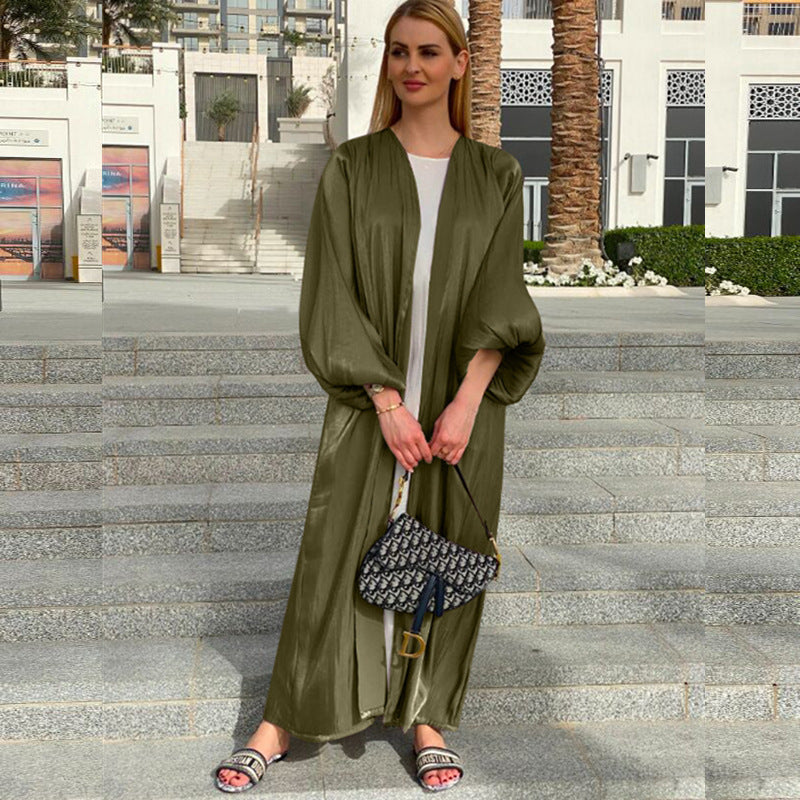 TB Mix Eid Muslim Abaya Dress Kimono For Women Fashion Shining Silklike Summer Abayas Cardigan Puff Sleeve Dubai Turkey Clothes